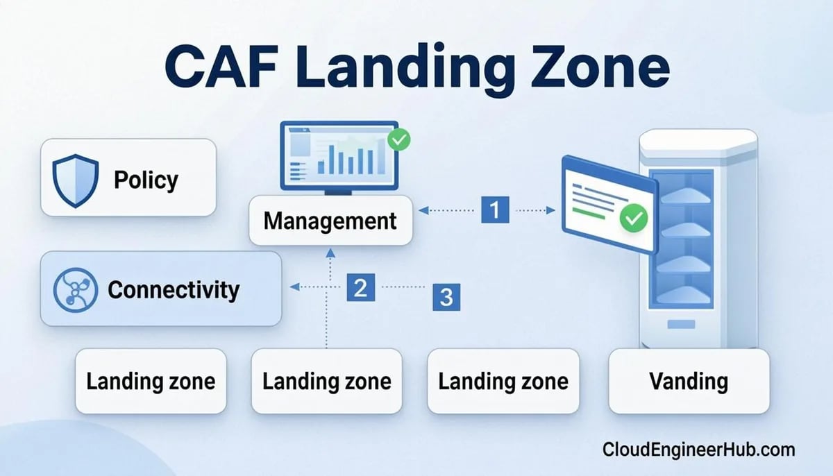 Feature illustration for the article: Azure Landing Zone Essentials (CAF) for Mid-Size Enterprises — CloudEngineerHub.com