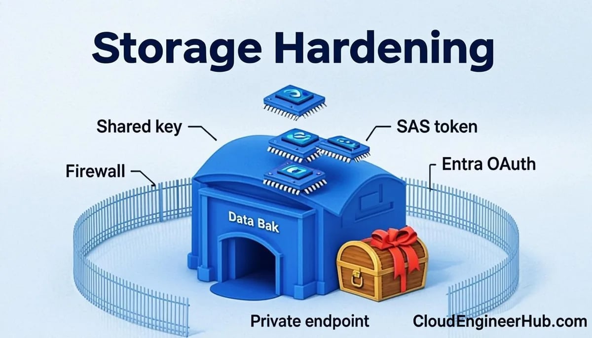 Feature illustration for the article: Azure Storage Security Deep Dive: SAS, OAuth, Firewalls, and Immutable Data — CloudEngineerHub.com