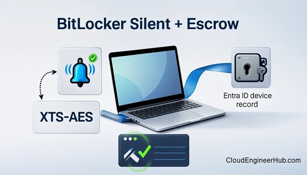 Feature illustration for the article: BitLocker Silent Encryption via Intune + Key Escrow to Entra ID — CloudEngineerHub.com