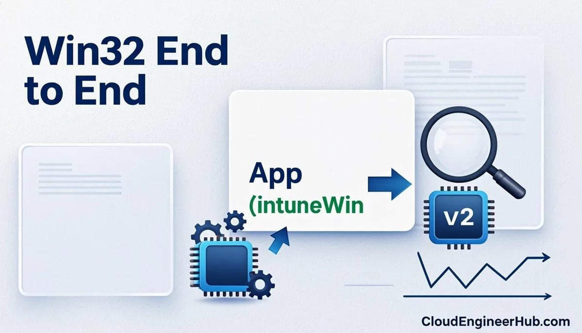 Feature illustration for the article: Win32 App Deployment in Intune End to End: IME, Packaging, Detection & Dependencies — CloudEngineerHub.com
