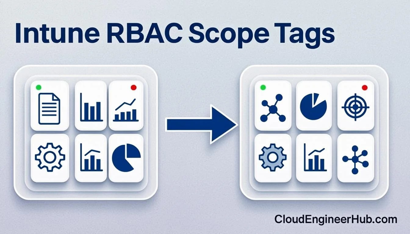 Diagram of Intune role-based access control with scope tags and scope groups delegating device and policy administration to separate teams